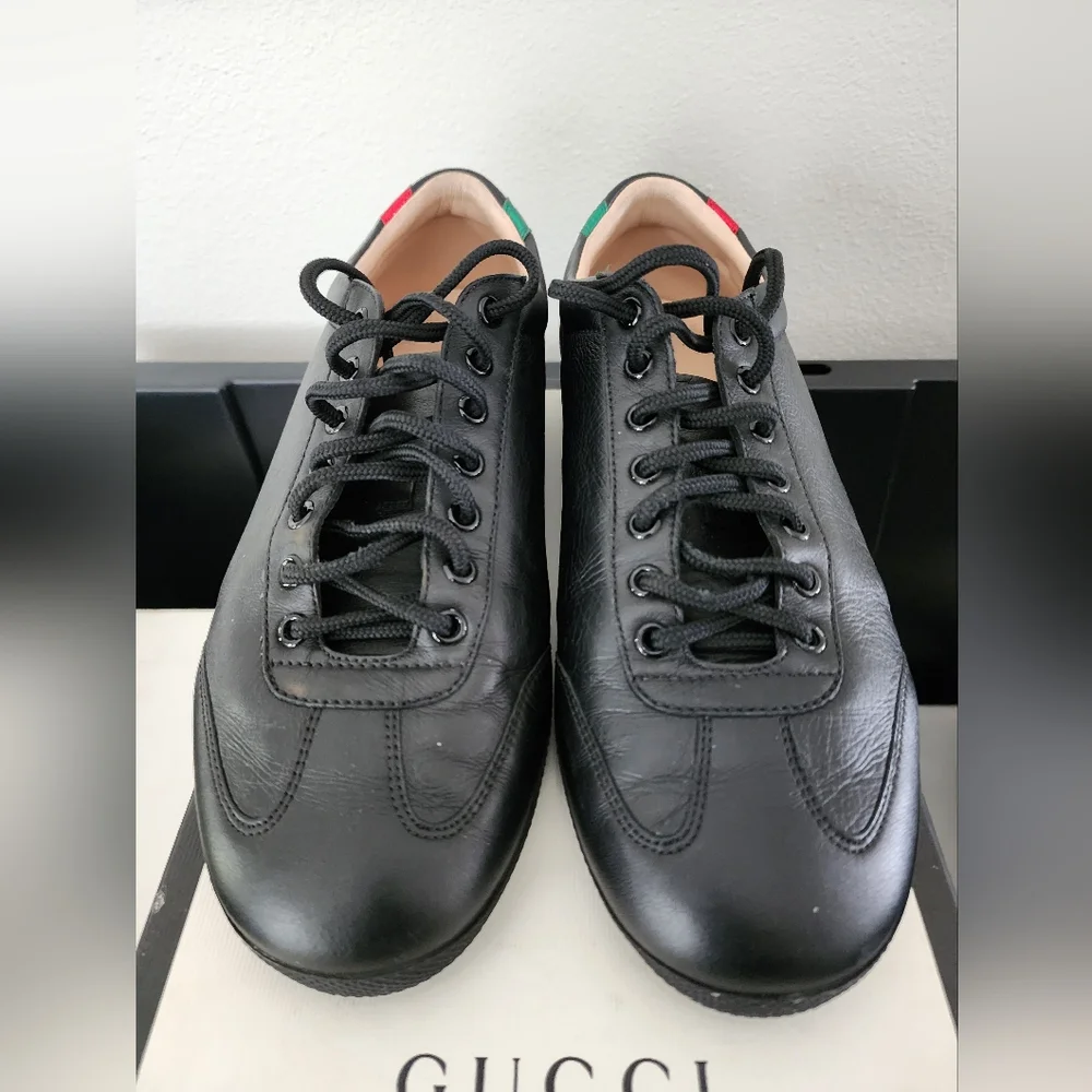 Gucci Black Leather GG Marmont Embellished Lace Up Sneakers